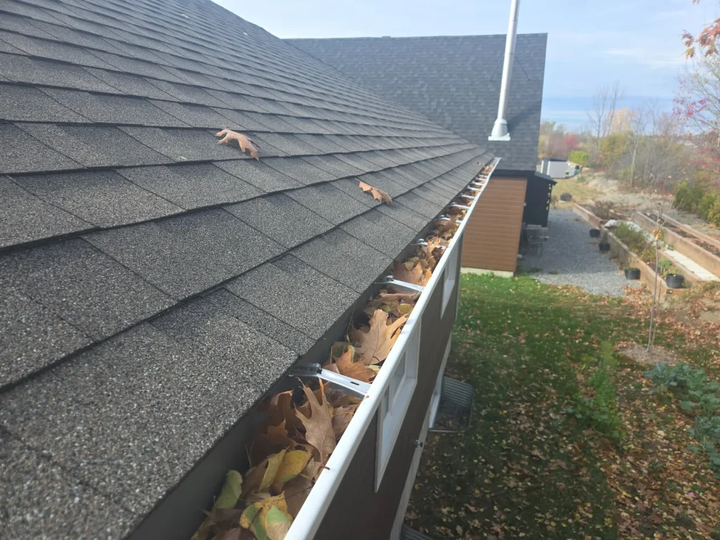 Leaf debris restricting a roof gutter observed during a residential home inspection