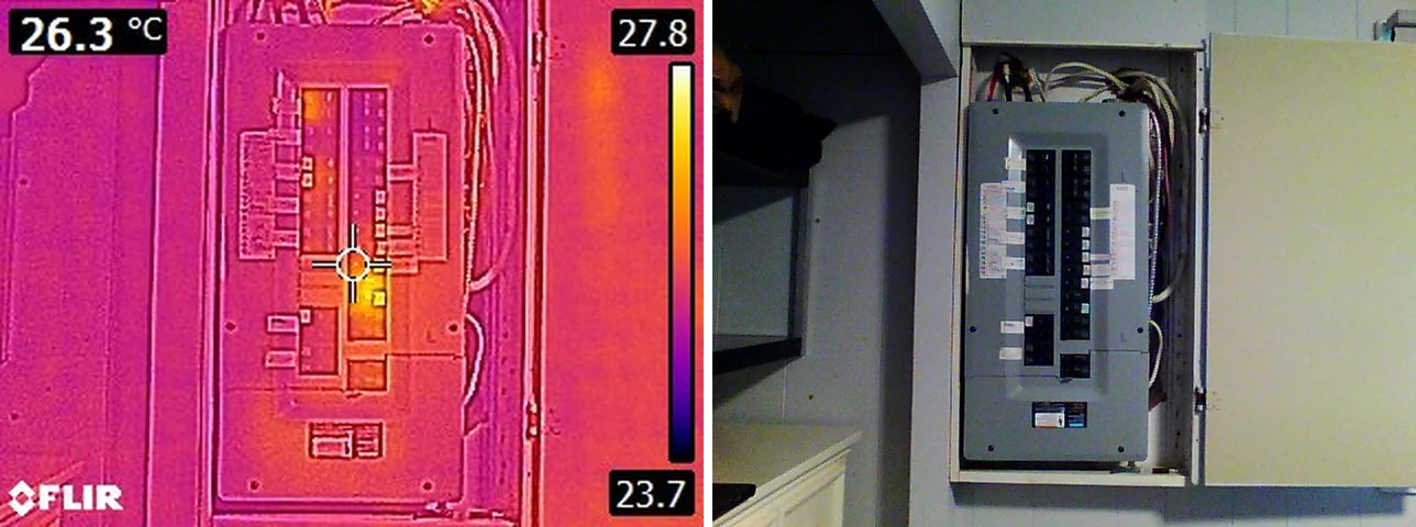 Image thermique infrarouge d’un panneau électrique lors d’une inspection résidentielle