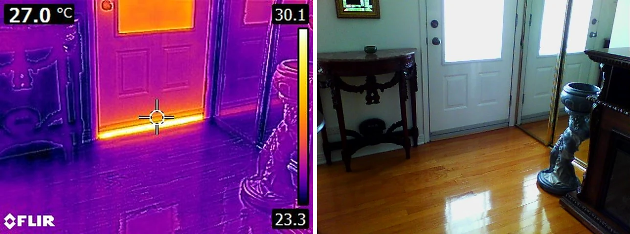 Image thermique montrant une zone de surface plus froide près d’une porte extérieure