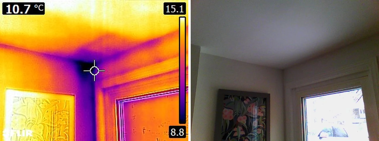 Image thermique montrant une zone de surface plus froide dans un coin intérieur