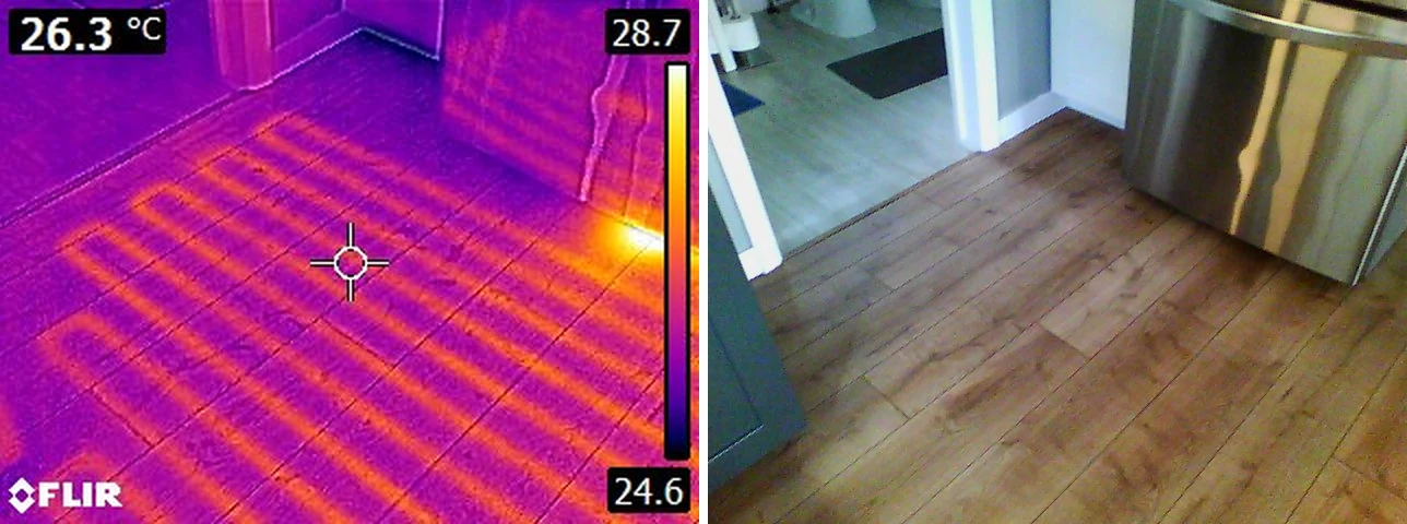 Image thermique infrarouge d’un système de plancher chauffant radiant lors d’une inspection résidentielle