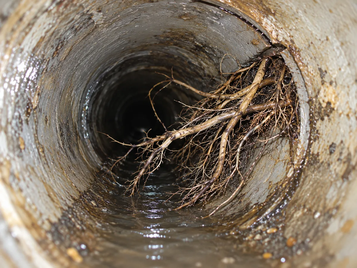 Tree root intrusion inside a residential sewer lateral during a sewer camera inspection